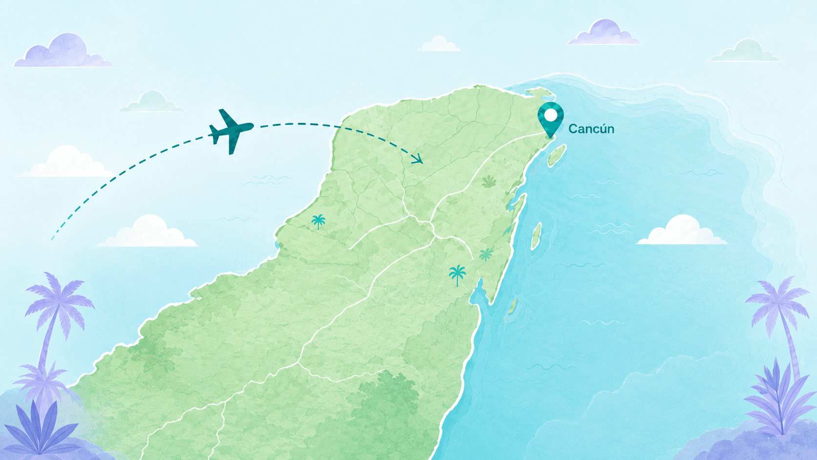 Map showing flight path from USA to Cancún, Mexico