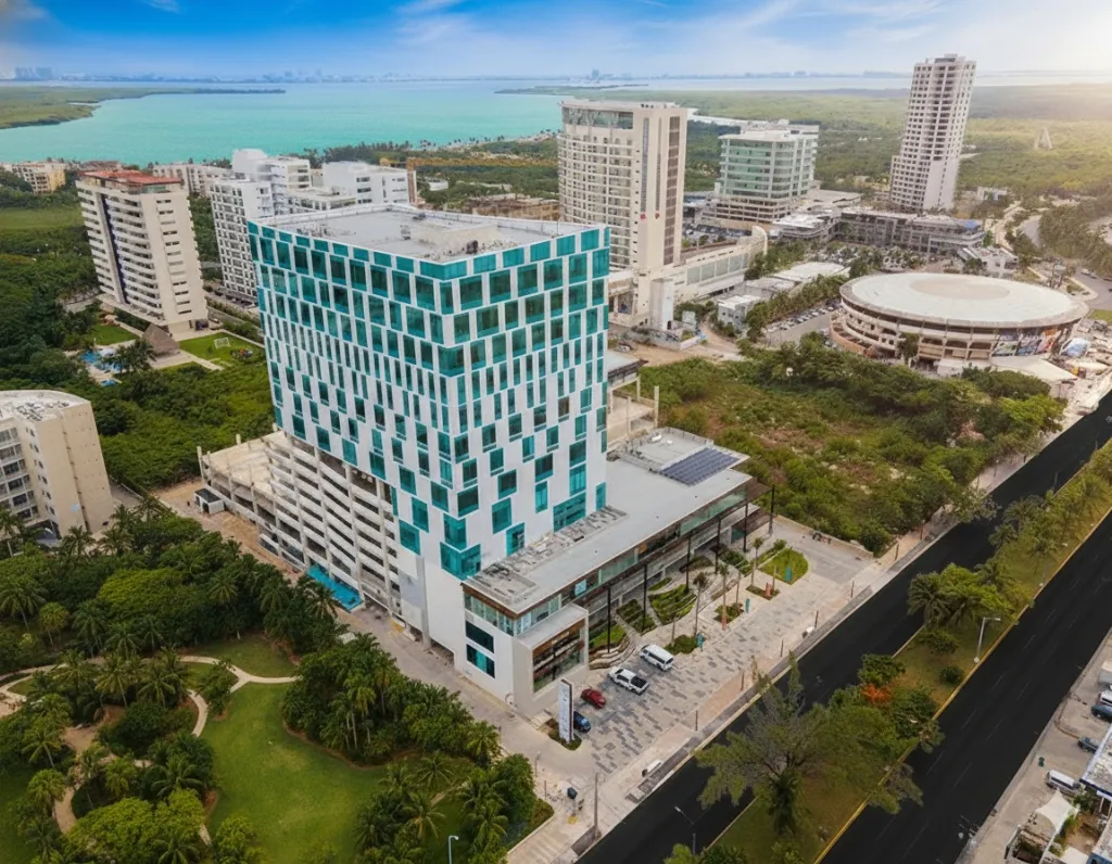 Aerial photo of Cancún, with the lagoon behind the city.