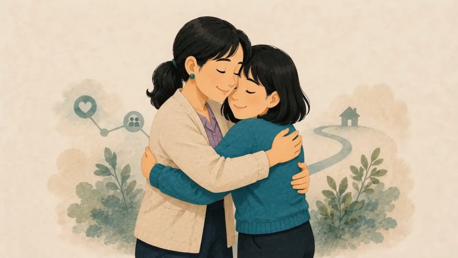 Illustration from the MyHealth Haven film: the patient hugs her Health Navigator, back home after her care.