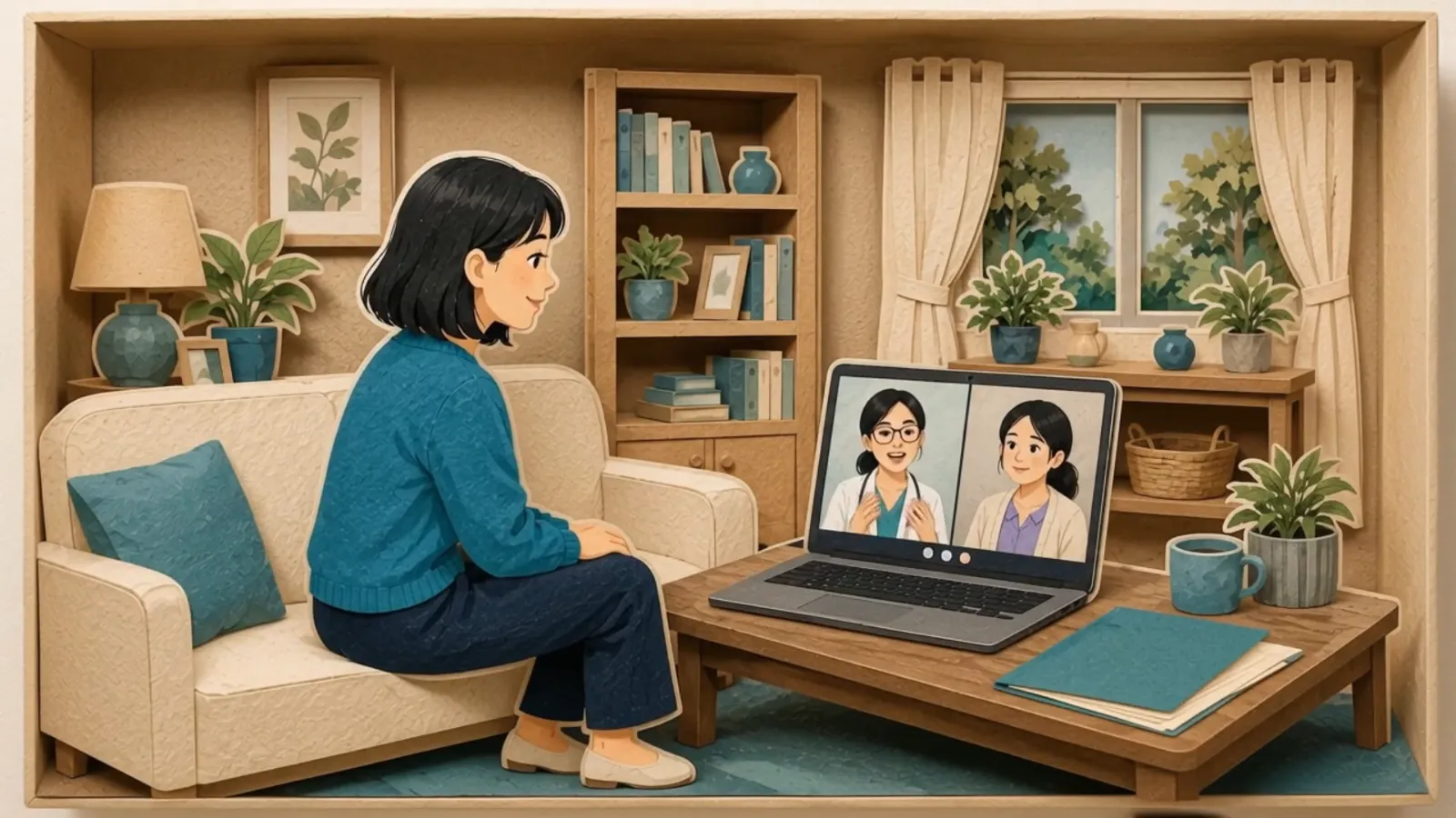 Illustration from the MyHealth Haven film: the patient talks with her Health Navigator on a video call from home.