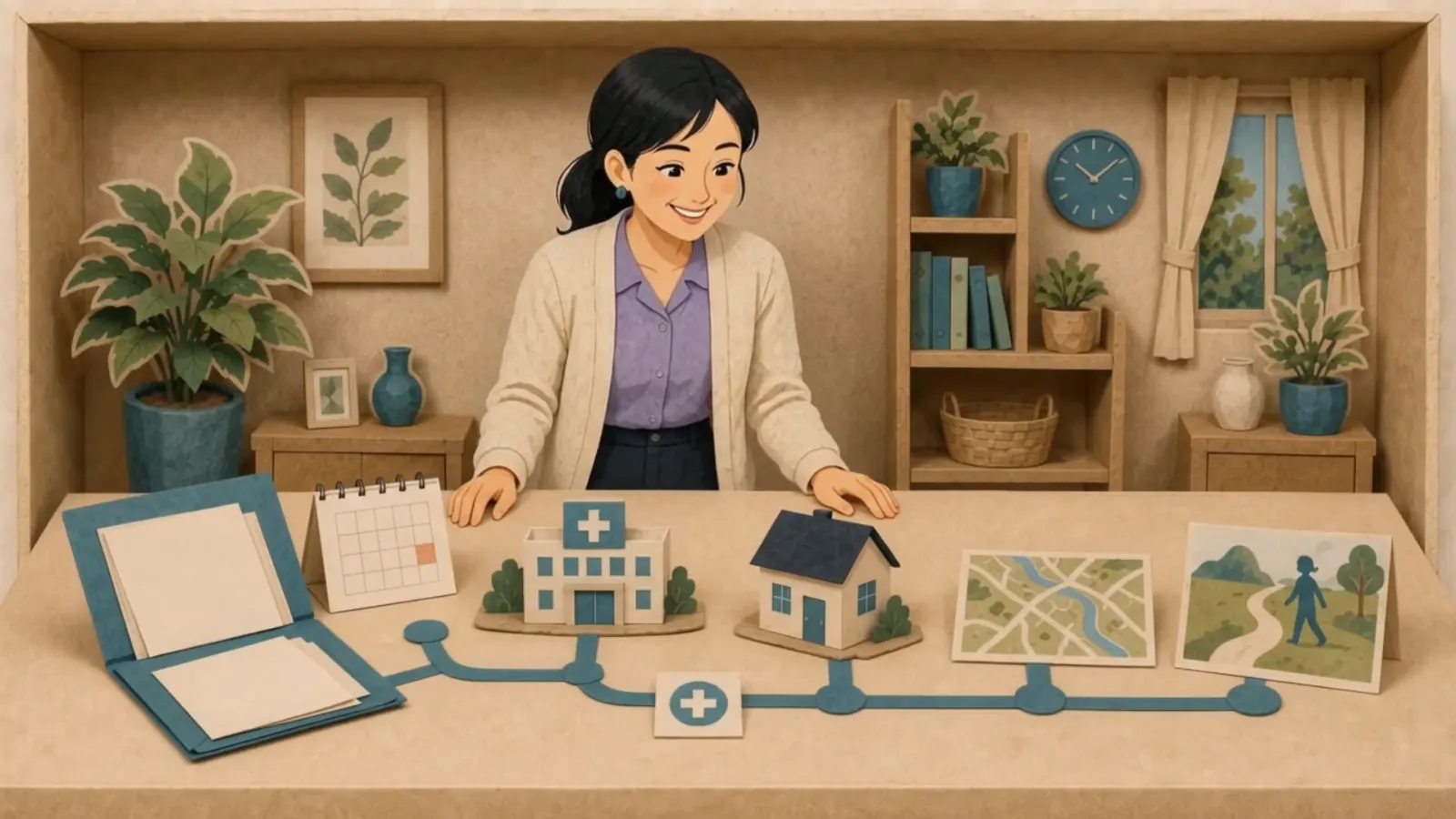 Illustration from the MyHealth Haven film: the Health Navigator lays out the care plan, with the folder, calendar, hospital, home and map joined by one path.