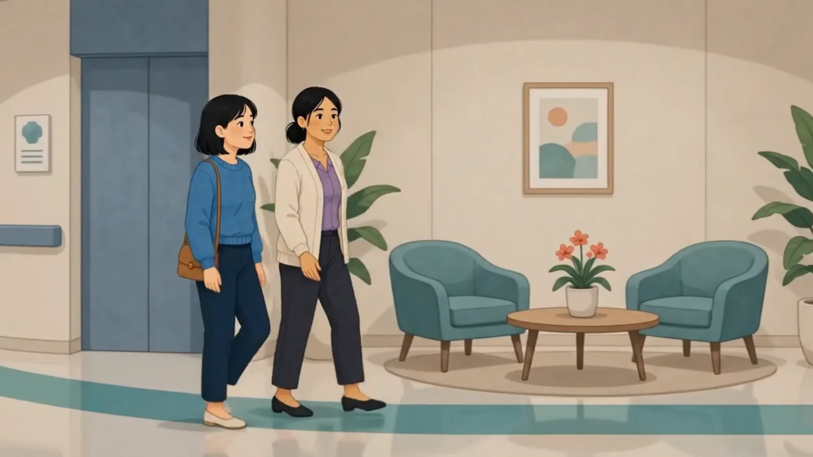 Illustration from the MyHealth Haven film: the patient and her Health Navigator walk into the hospital together.