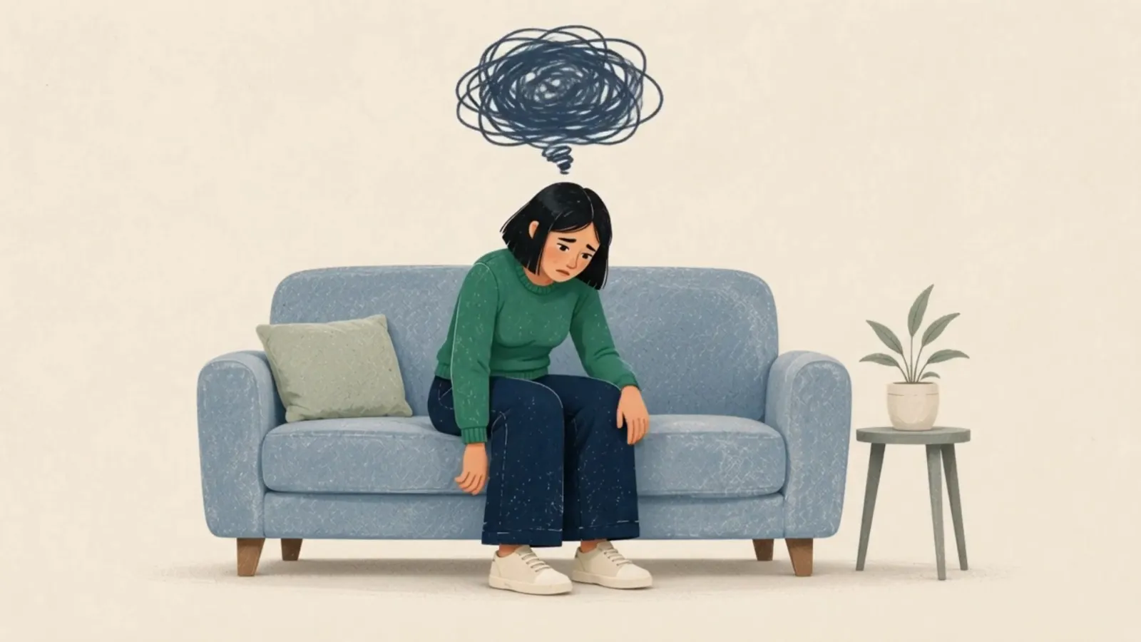 Illustration from the MyHealth Haven film: a patient sits alone on her sofa under a tangled cloud of worry.