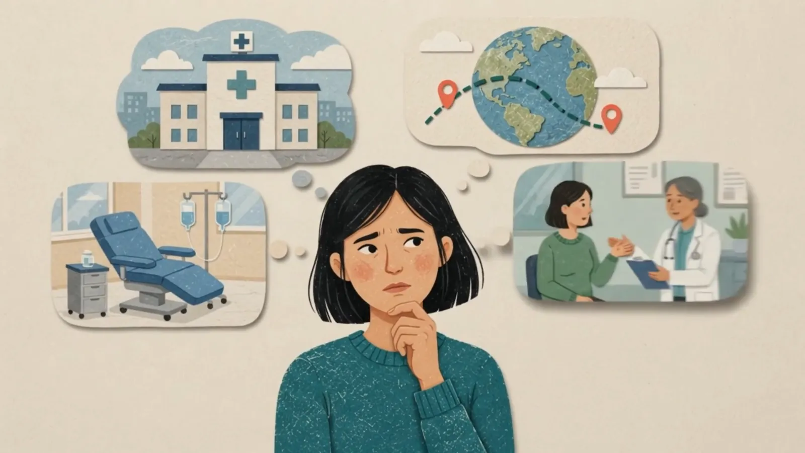 Illustration from the MyHealth Haven film: a patient thinks it over, surrounded by thought bubbles of a hospital, a route around the globe, a treatment chair and a talk with a doctor.