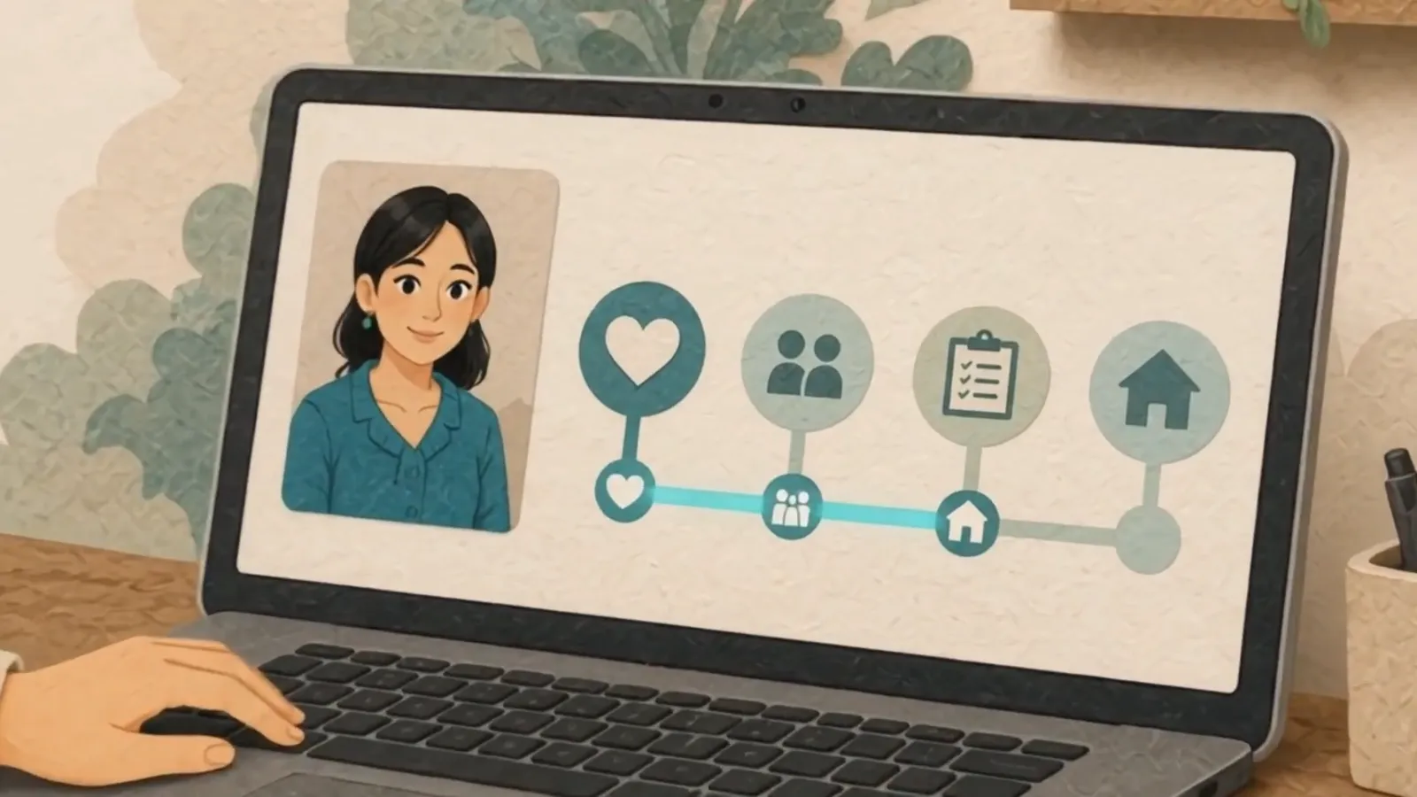 Illustration from the MyHealth Haven film: a laptop screen shows a Health Navigator's portrait beside the patient's journey, a path of stops from care to home.