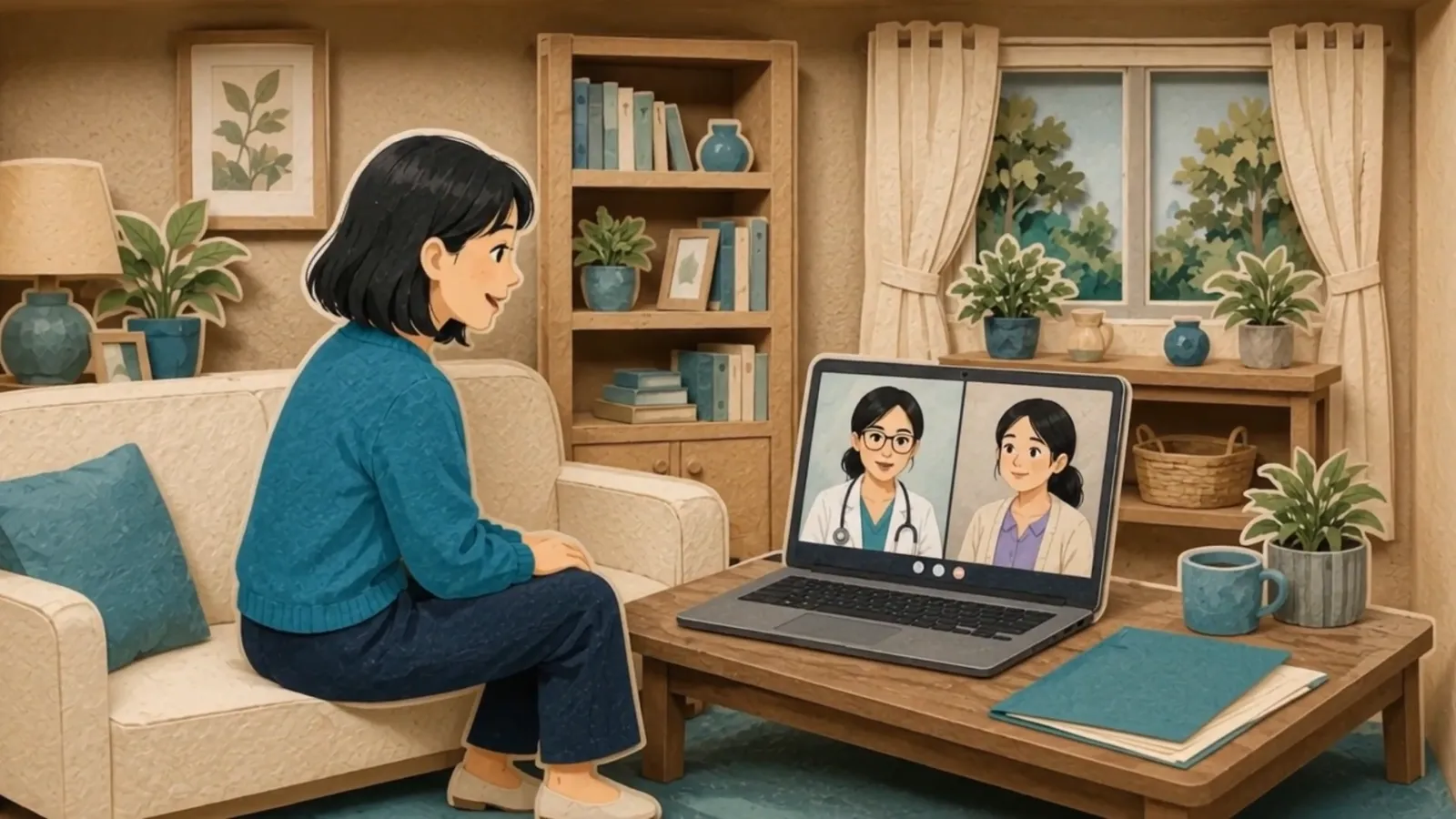 Illustration from the MyHealth Haven film: the patient, on the sofa at home, on a video call with her Health Navigator and a doctor.