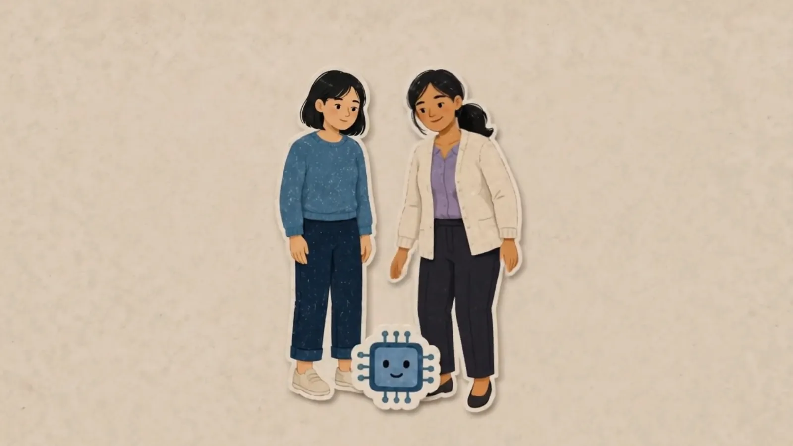 Illustration from the MyHealth Haven film: the patient stands beside her Health Navigator, with a small smiling chip at their feet.