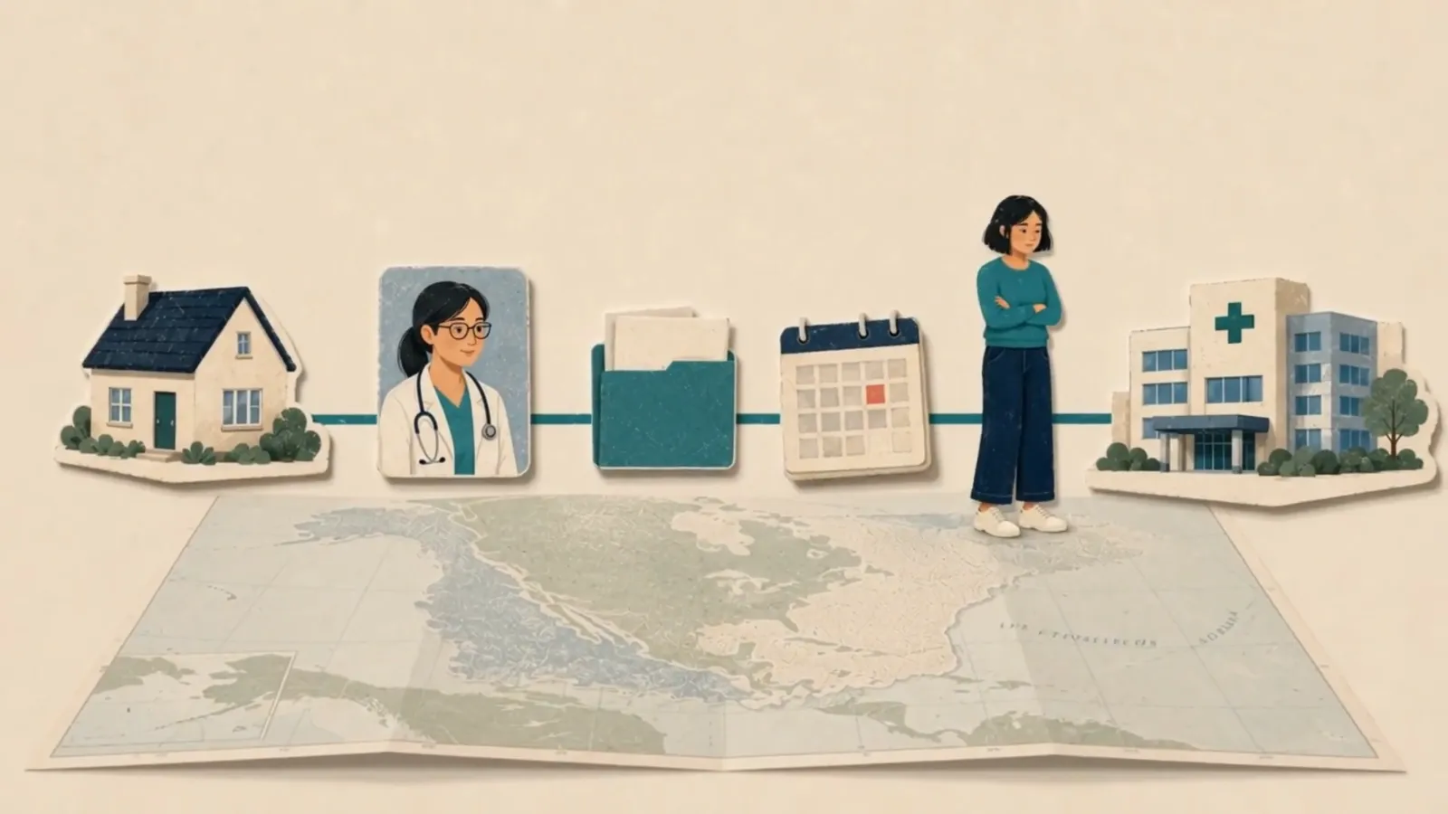 Illustration from the MyHealth Haven film: the route from home to the hospital, past the doctor, the paperwork and the calendar, laid out above a map of North America.