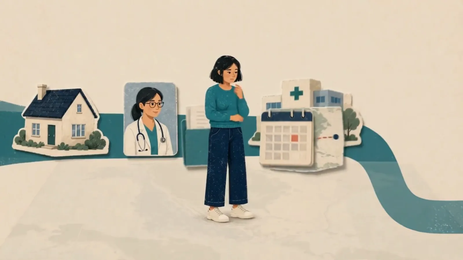 Illustration from the MyHealth Haven film: a patient on a road that links her home, her doctor, a calendar and the hospital.