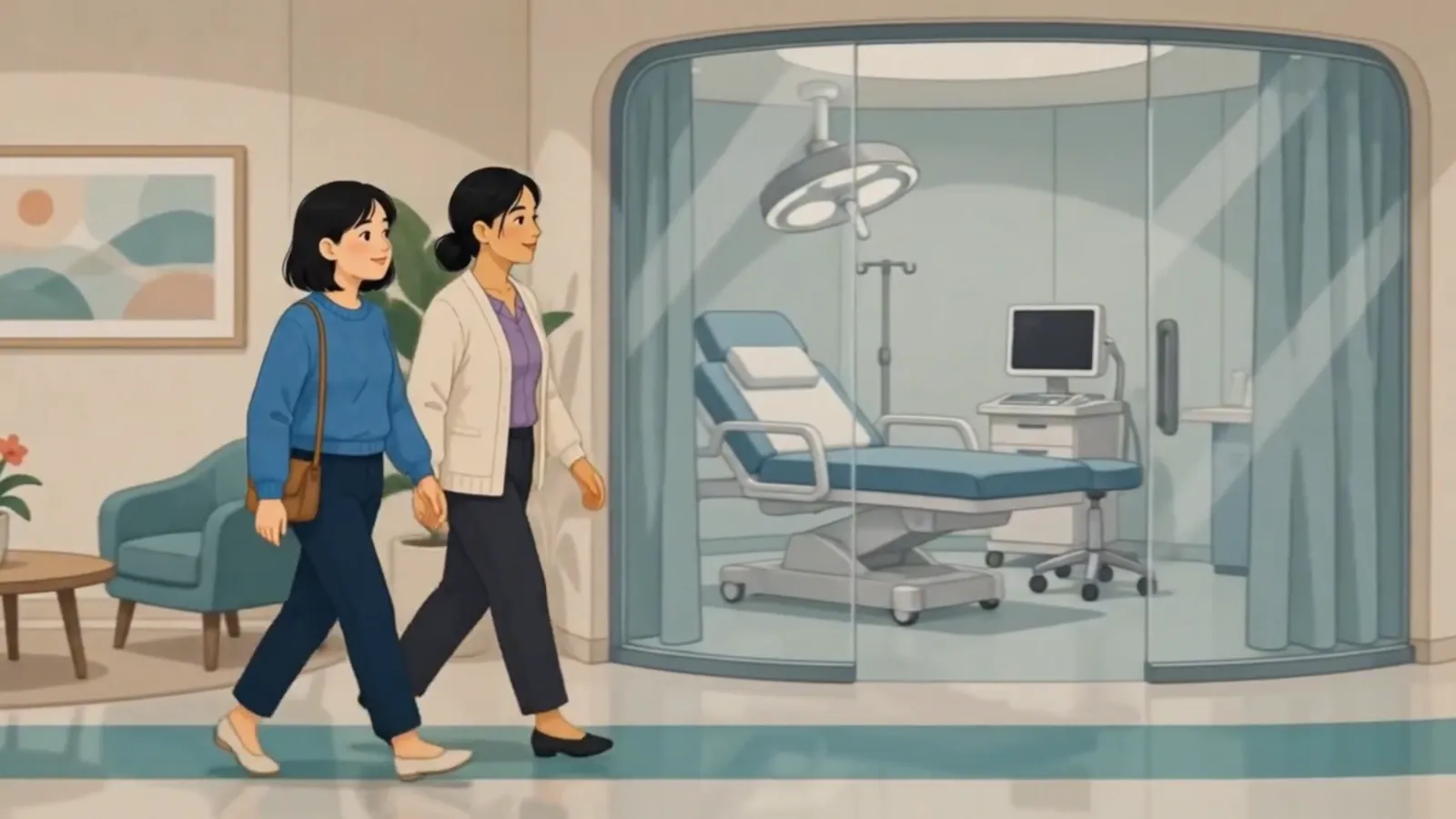 Illustration from the MyHealth Haven film: the patient and her Health Navigator walk side by side past a procedure room in the hospital.