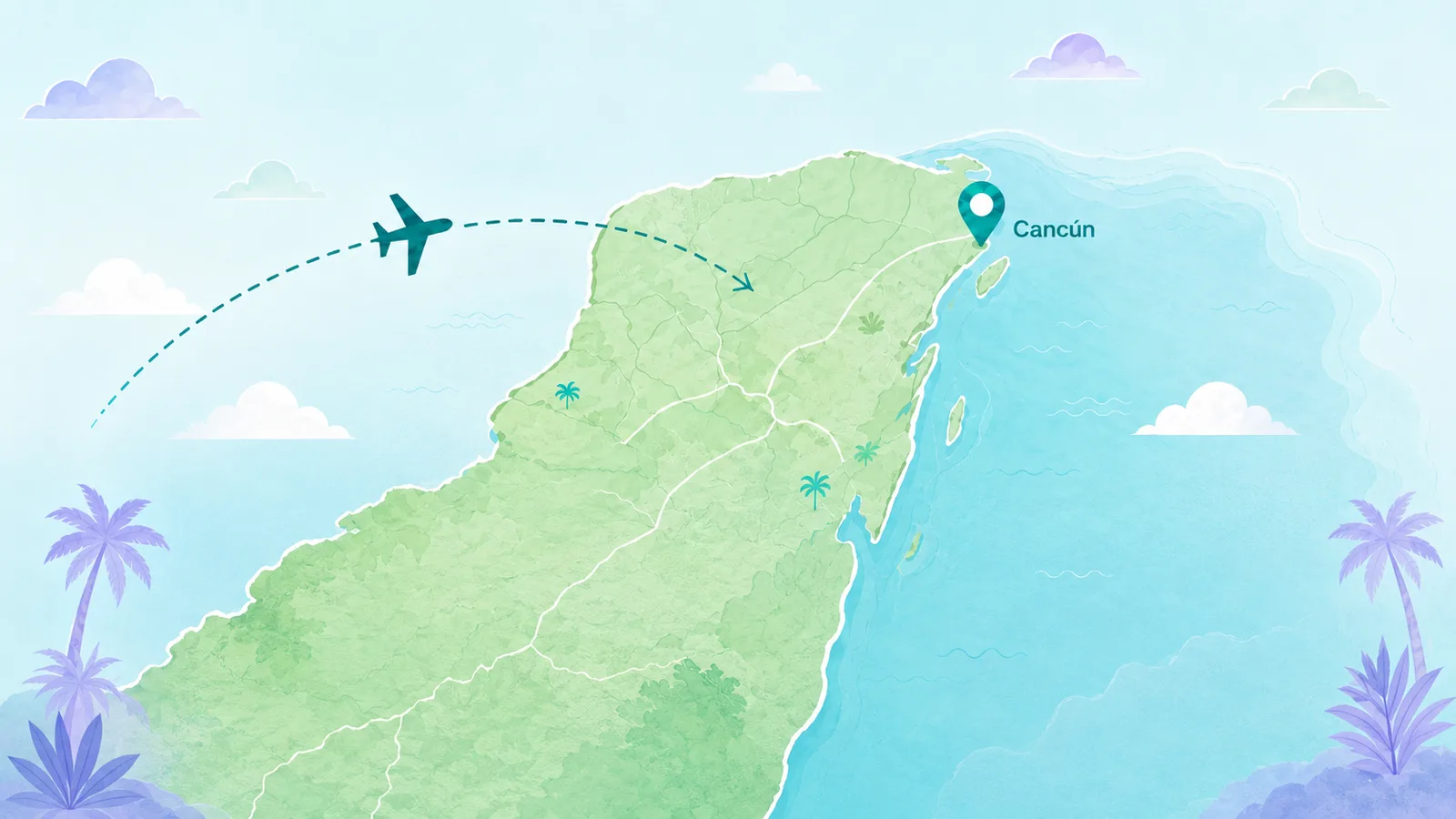 Map showing flight path from USA to Cancún, Mexico